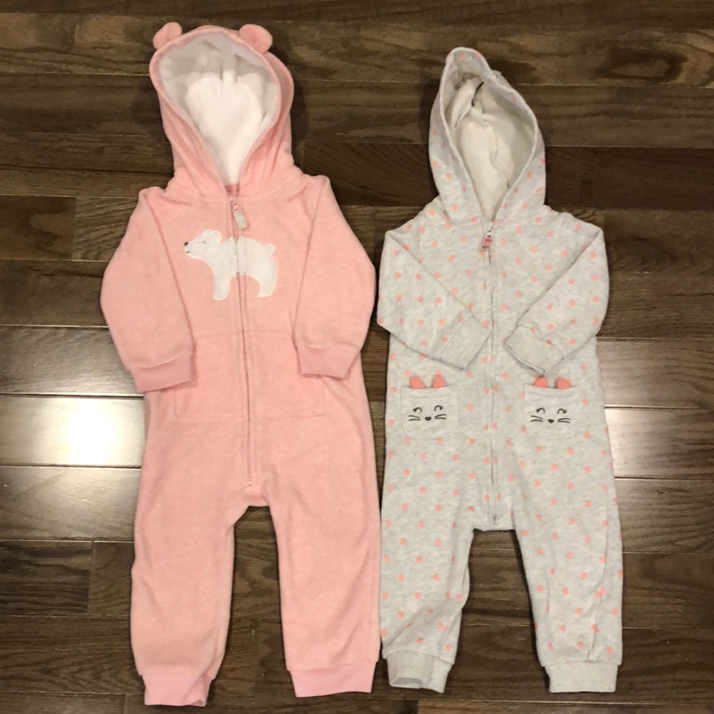 2 one-piece winter fleece lined jumpers (12m size)